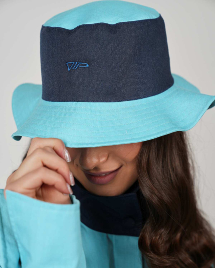 Preview: Chapeau VIP – Chapeau de pêcheur streetstyle avec fonction protectrice - Bleu marine-bleu turquoise