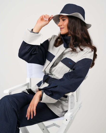 Preview: Chapeau VIP – Chapeau de pêcheur streetstyle avec fonction protectrice - Bleu marine-gris clair