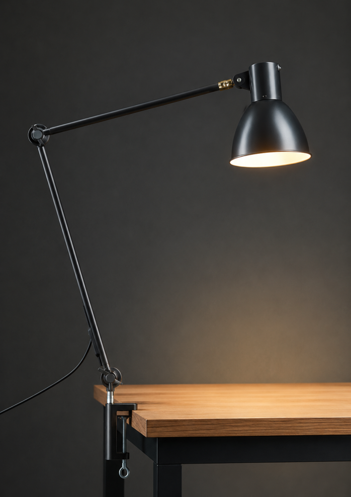 Werkleuchte schwarz 110 cm geschirmt mit Tisch-Klemmfuss