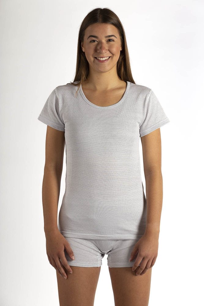 Wavesafe, 5G, Strahlenschutz, Damen Unterhemd Kurzarm Bio Baumwolle mit Silbergestrick weiss
