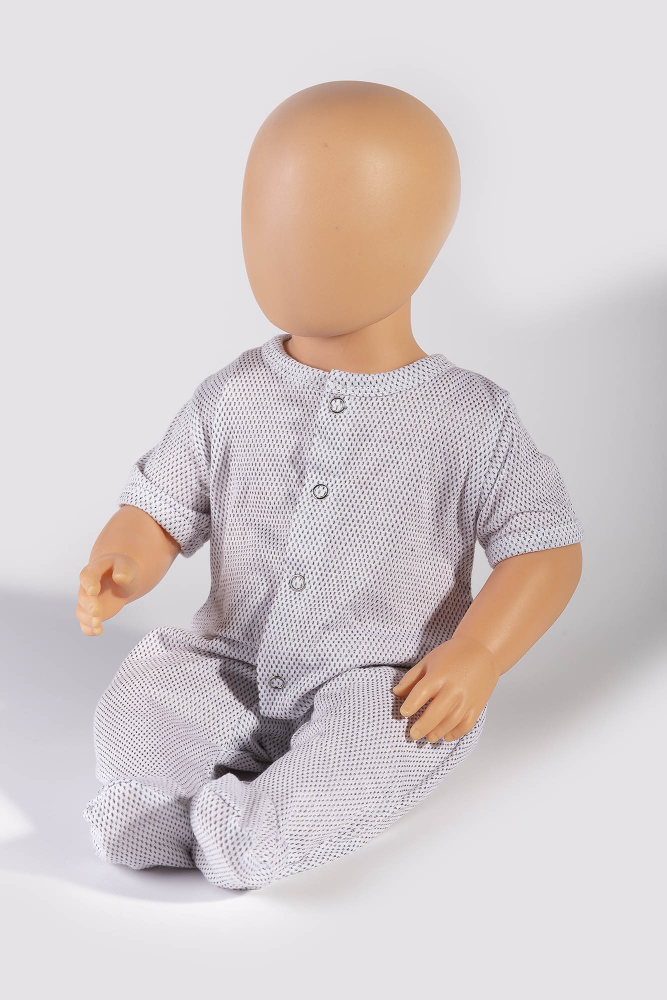 Pagliaccetto bambino manica corta bianco cotone organico argento lavorato a maglia