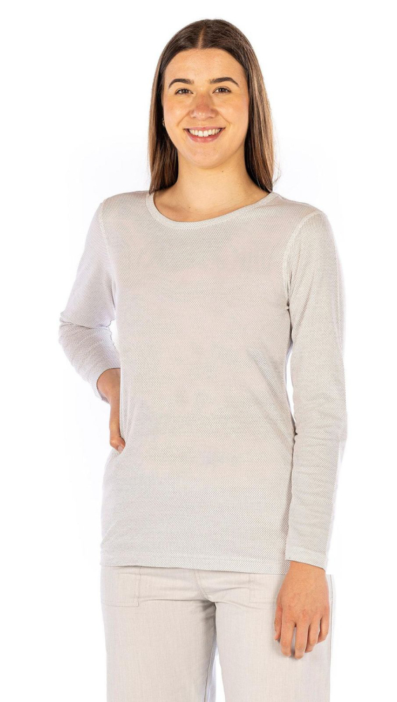 Wavesafe, 5G, Strahlenschutz, Damen Unterhemd Langarm Baumwolle mit Silbergestrick weiss